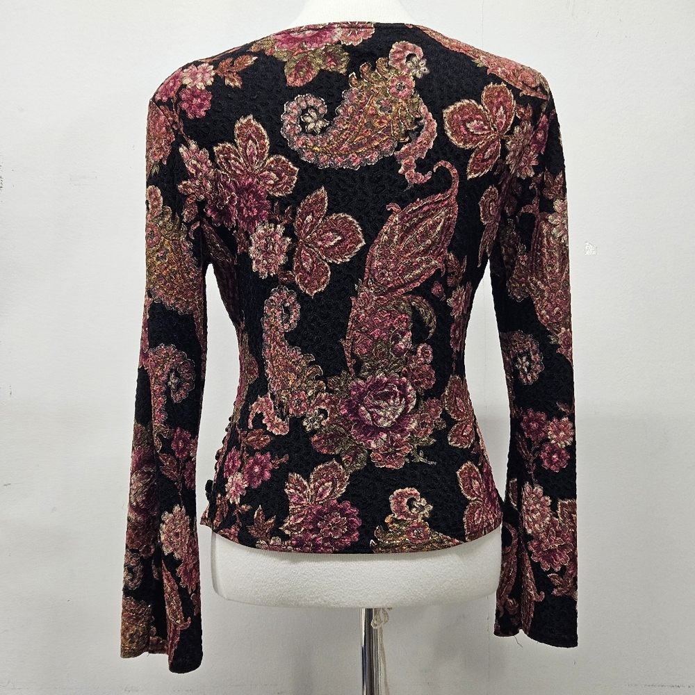 Vintage Metaphor Textured Dark Floral VNeck Top Blouse Medium Y2K Dark Romantic - Picture 10 of 12